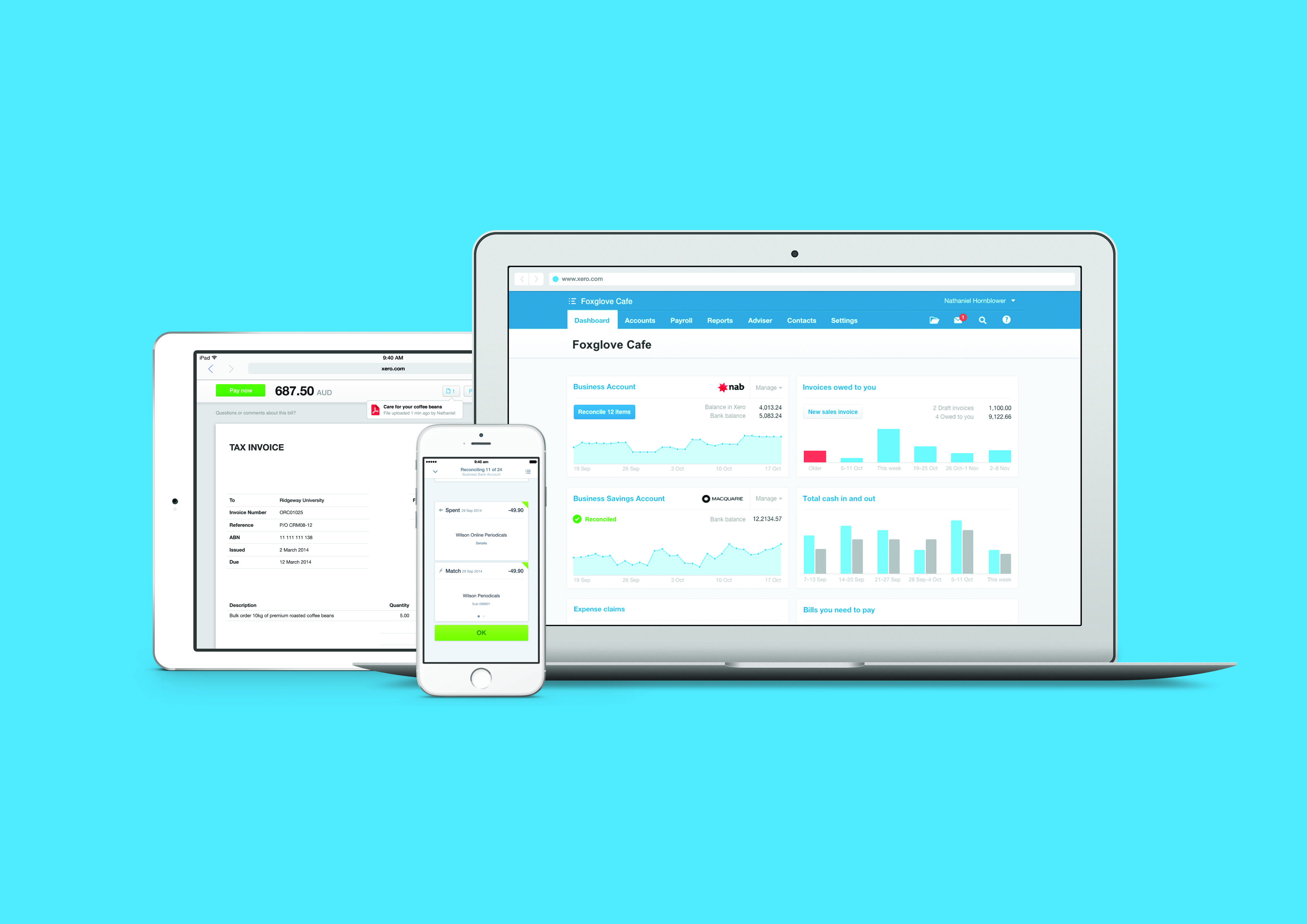 The Xero dashboard shown on a laptop, tablet and phone — bank balances, invoices owed and cash in and out